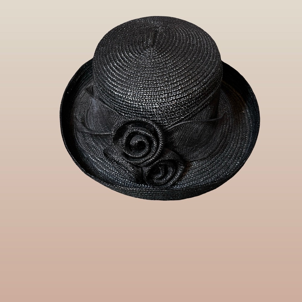 Betmar Straw Cloche Hat Womens OS Black Good Floral Rosette J231 Sun Hat